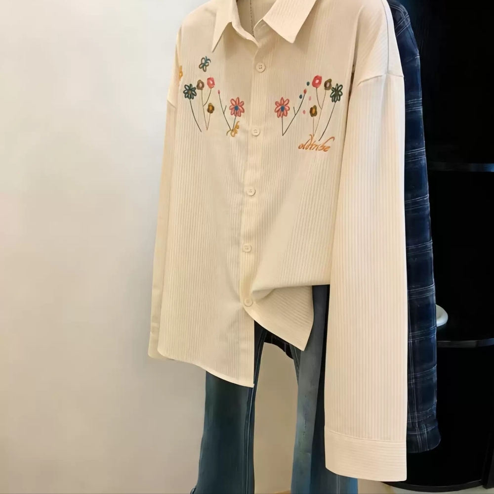 Beige Textured Colorful Floral Embroidered Shirt